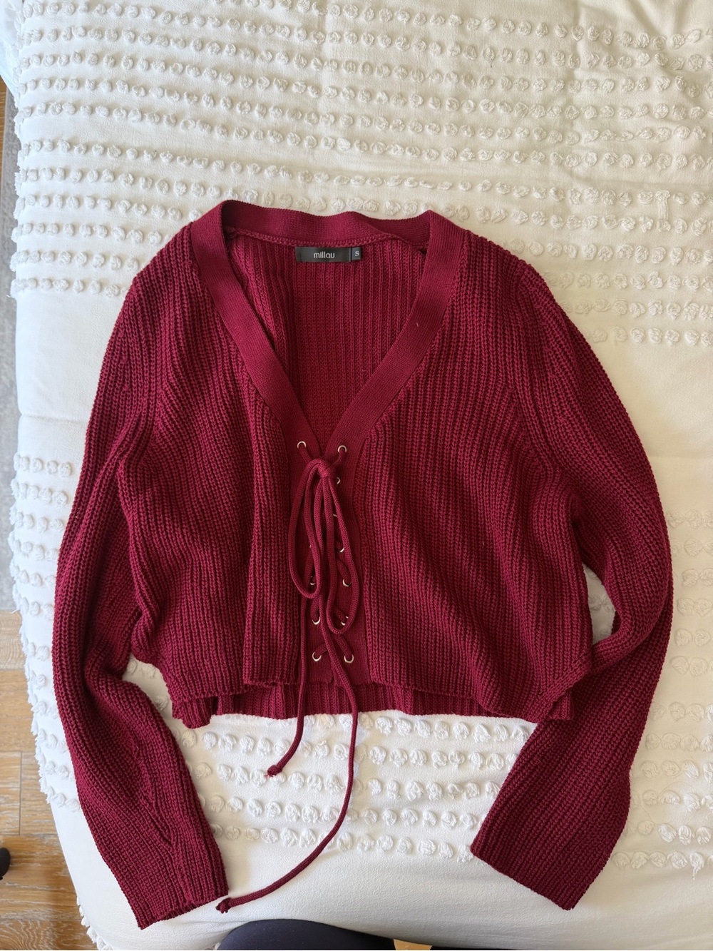 Millau Wine Red Lace-Up V-Neck Cropped Sweater